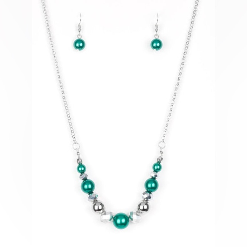 Green and Silver Necklace and Earrings Set